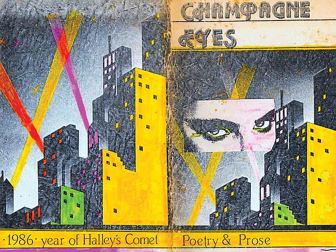 Darcy designed the cover of Champagne Eyes: Madonna’s eyes hovering over the twilight cityscape of New York. The sky was webbed with searchlight beams. I hand-colored the covers to give the books a personal touch.