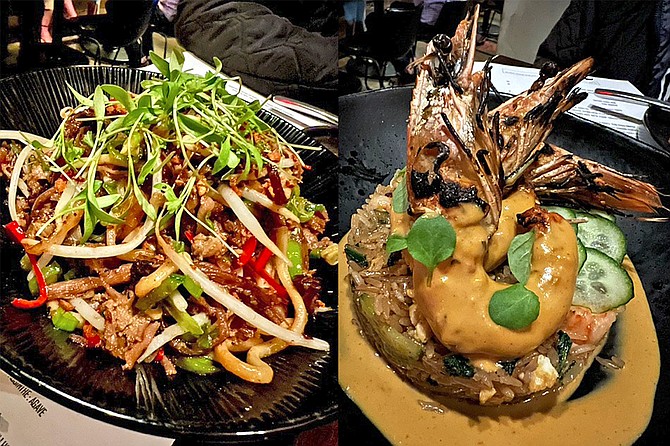 Stunning display: brisket fried noodles and prawn fried rice with cashew curry.