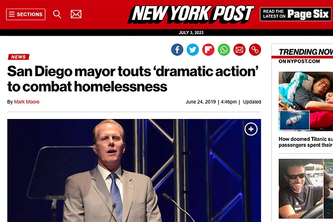 Four years ago, it was a different story for Kevin Faulconer and the New York Post, which headlined a June 24, 2019, story about Faulconer: “San Diego mayor touts ‘dramatic action’ to combat homelessness.”