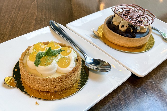 Mango key lime and salted caramel chocolate tarts