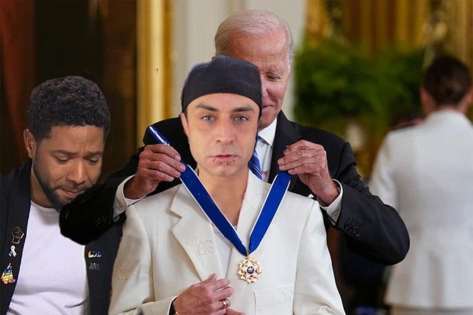 Shortly before Biden hung the medal on Rowin, the President addressed the controversy, asking: “If he’s a liar, how come it wasn’t his pants that were on fire?” A tearful Jussie Smollett looked on, and added, “I’m just grateful that there are other people willing to follow my brave example and come forward with these accounts of right-wing hate, however true or false they may be.”