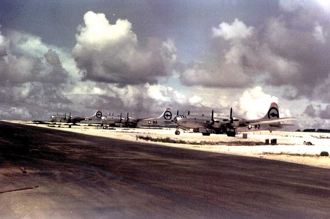 Aircraft of the 509th Composite Group that took part in the Hiroshima bombing. Left to right: Big Stink, The Great Artiste, Enola Gay.