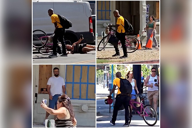 Psychology’s Bystander Effect Theory got a bit of a workout on August 5th, when TikTok user OnlyOneXBox posted a video to TikTok showing a thief stealing a woman’s bicycle in broad daylight and walking off with it, even as she screams for help from those around her. Bystander Effect states when there is only one bystander, the sense of personal responsibility is strong, while multiple bystanders create a diffusion of responsibility and ultimately, inaction. As it happened, SD on the QT was on the scene, and while we didn’t intervene, we did ask the people on the video about their refusal to help. Clockwise from upper left: 1. Man steals woman’s bicycle while she screams for help. 2. Woman walking dog refuses to help. “Bike people are the worst. Entitled jerks who act like cars when they want to, and pedestrians when it suits them. One of them almost hit my dog the other day, and had the audacity to yell at me.” 3. Coffee couple refuses to help. “Gotta figure the thief is homeless, stealing the bike for one of those sidewalk chop shops. If that’s the case, I’m pretty sure he needs it more than she does. Plus, how do we know he’s not the real owner, stealing it back? Are you assuming he’s the thief because he’s black? Are you racist?” 4. Man on porch refuses to help. “Dude, look at the sign right next to me: ‘No Loitering.’ And there I am, loitering. You think I wanna get involved and have to deal with the cops?”