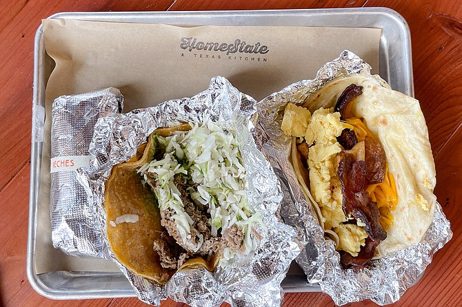 A brisket taco on corn tortilla, and breakfast taco on flour tortilla