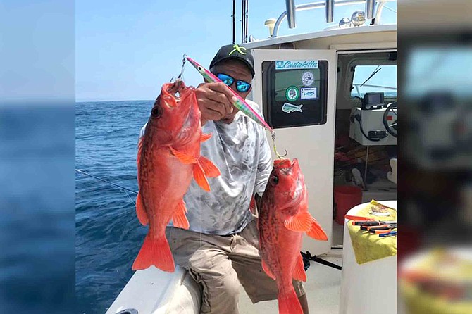 Captain Juan Cook with a double catch of vermilion rockfish on one 300-gram knife jig.