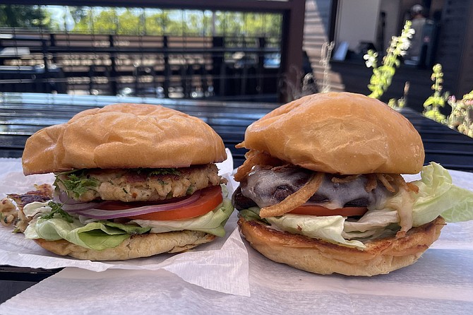 Alternatives to burger patties: crab cake on the left, portobello mushroom on the right