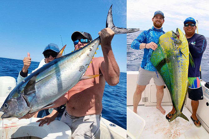 (left) Yellowfin action heats up in La Bocana, BCS, while fishing with Captain Juan Cook.
(right) A happy angler with a very nice 55-pound bull dorado caught while fishing with Blue Sky Cabo Fishing and Tours.