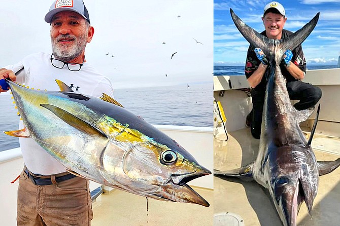 (left) Happy angler with a nice grade yellowfin tuna while aboard the Spirit of Adventure multi-day run. The only yellowfin and yellowtail in this week’s counts came from that trip.
(right) Stephen Sotelo with his 155-pound swordfish caught while fishing with Bight Sportfishing out of Fisherman’s Landing.
