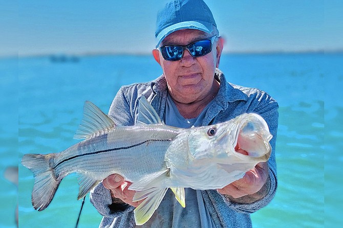 Captain Juan Cook with a solid ‘Mag Bay’ snook caught within casting distance of shore.