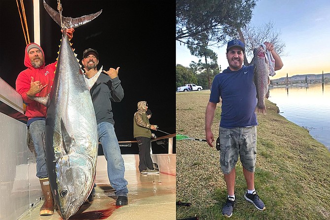 (left) Some big bluefin tuna still biting out there, as long as conditions allow. This 275-pound brute was landed aboard the Royal Polaris during their return leg of a 15-day trip.

(right) Trout, trout, and, well, more trout at San Diego area lakes. This fat rainbow was hauled out of Santee Lakes.