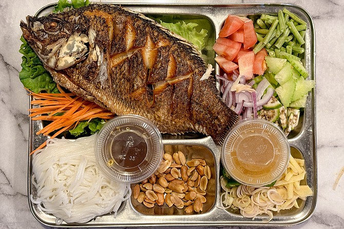 The Pun Pa fish wrap platter: fried tilapia with a litany of vegetables