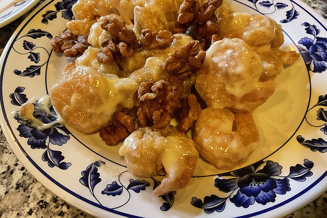 Traditional Chinese banquet item - walnut shrimp never has leftovers.