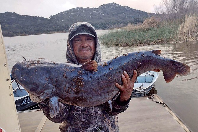 Fransisco Aguirre with his chunky 34.10-pound catfish caught at Lake Wohlford.