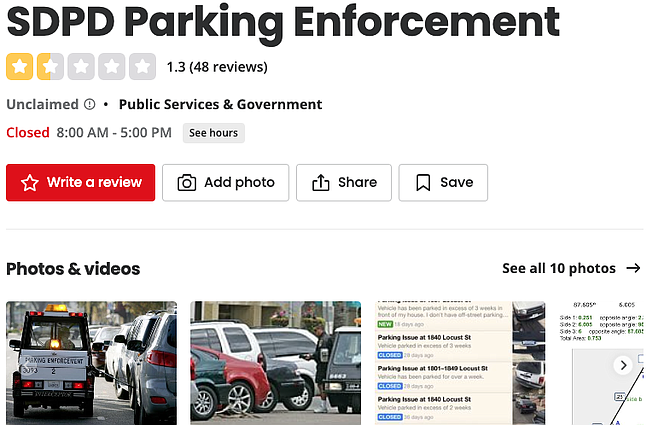 The SDPD Parking Enforcement's Yelp is rated at a 1.5.