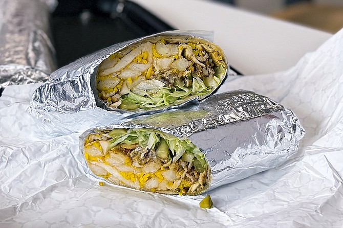 Like a California burrito, but with chicken shawarma, saffron rice, and pickled okra