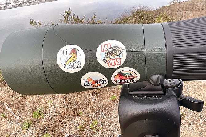Larry and Janis’s birding telescope boasts membership stickers for the American Birding Association.