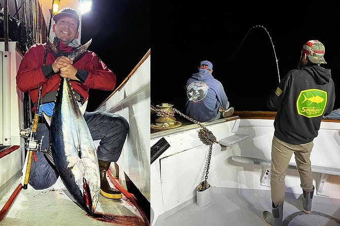 (left) Happy angler with a solid school-sized bluefin tuna caught while fishing aboard the Old Glory

(right) Good bluefin bites are often in the dark hours, especially during full moon phases.