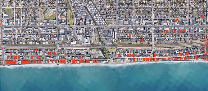 This illustration provided by Jeff McDermott shows what he says are Oceanside short-term rental houses (in red).
