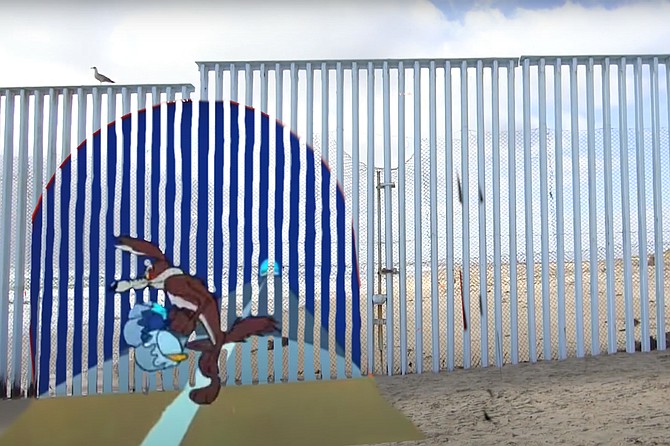 A freshly painted mural on the border fence by artist Wile E. Coyote, which seems to make it look like there is a kind of hole through which people may pass, is a comment on President Biden’s comments during his campaign that there should be a “surge at the border,” comments which have been interpreted by over six million migrants as an invitation to enter America by whatever means necessary. However, less than half of those migrants actually made it across the border, which helps to explain the “fake gate” imagery.