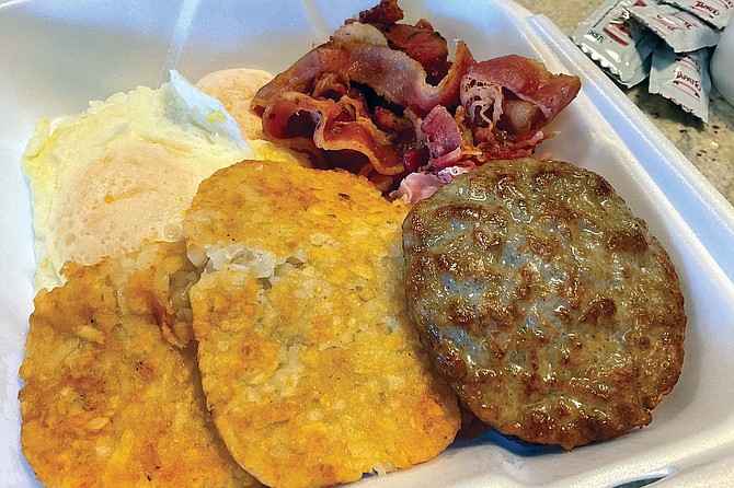Ham’s hidden underneath, but way-generous bacon pile will be a challenge