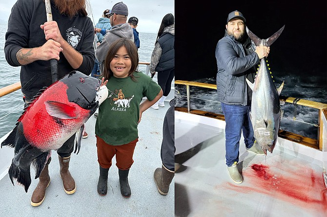 (left) Happy young angler with a jackpot-winning 17-pound sheephead caught while fishing aboard the Dolphin half-day trip.
(right) A decent fish caught during a solid nighttime bluefin bite for the Old Glory to cap off a week of otherwise slow tuna fishing.