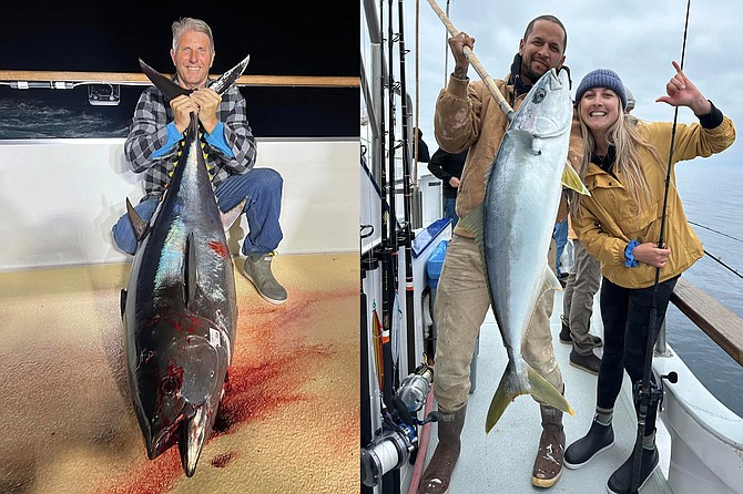 (left): A tired but happy angler with a solid bluefin over 100-pounds caught at night while fishing aboard the Independence.
(right): A good quality kelp paddy yellowtail caught during the Tribute 1.5-day trip off the Baja coast this past week.