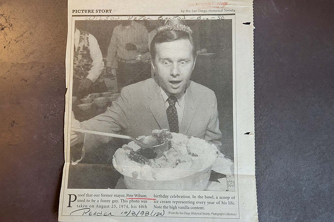 Proof that our former mayor, Pete Wilson, used to be a funny guy. This photo was taken on August 23, 1974, his 40th birthday celebration. In the bowl, a scoop of ice cream representing every year of his life. Note the high vanilla content.