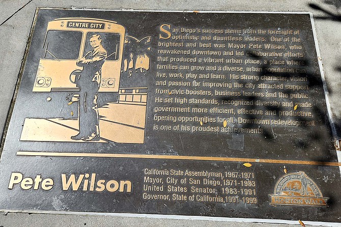 The plaque at the base of the Horton Plaza statue states that “San Diego’s success stems from the foresight of optimistic and dauntless leaders” like Mayor Pete Wilson.