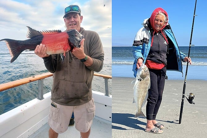 (left): A solid sheephead caught from the half-day boat Daily Double as our coastal fishing heats up.
(right): Inga Seelicke with her massive 30-inch spotfin croaker caught using clams for bait while fishing the beach in Santa Rosaliita, Baja California, Mexico.