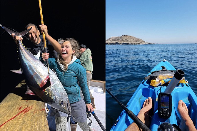 (left): Bluefin tuna tend to bite best in the dark hours during spring, so boats such as the Tribute are putting folks on the fish through the night.
(right): Paddling around Isla Asunción while ‘Social Fishtancing’ in Baja during the height of Covid.