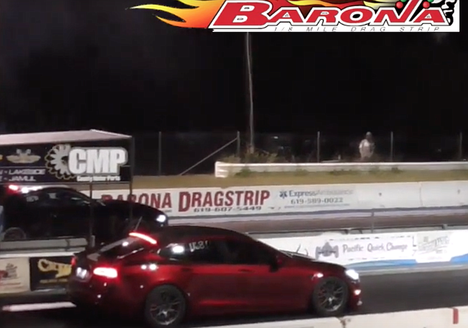 On May 3, a Tesla Model S Plaid smoked a loud muscle car at the Barona drag strip.