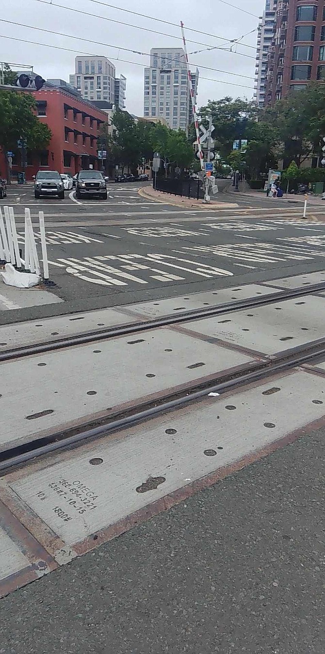 Dixon sent me photos of the tracks by Seaport Village and the convention center; some of the tracks' grooves were wider than others.