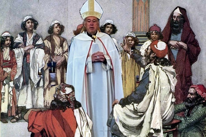 Samuel instructs Cardinal McElroy to render unto God what is God’s, and unto Caesar what is Caesar’s — specifically, Caesar Vazquez, second from left, who was abused by a Catholic priest in the mid-’80s while serving as an altar boy at St. Molestus’s Church in Rancho Bernardo. “Don’t make me remind you about being handed over to the torturers until you have paid the last penny,” noted Samuel, citing Jesus in Matthew 5:26.