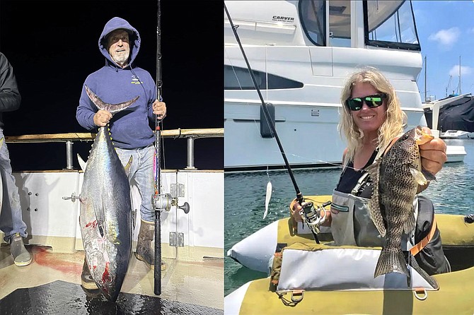 (left): Satisfied angler with a quality mid-grade tuna caught during the night bite aboard the Constitution.
(right): Local fishing guru Tracy Hartman with a nice spotted bay bass caught from the float tube.