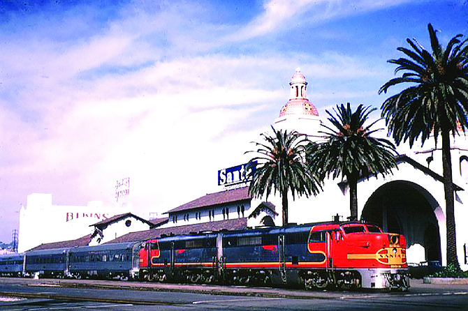 The AT&SF; San Diegan reaches the end of the line at Santa Fe Depot in 1963.