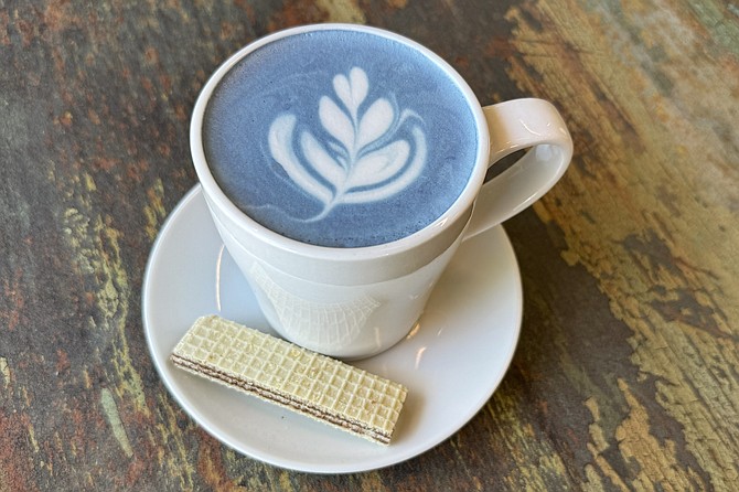 A blue match latte, thanks to butterfly pea flower