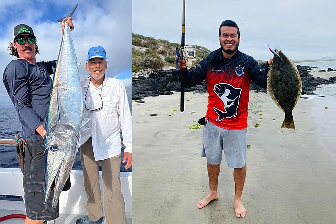 (left): A nice wahoo caught while aboard the Excel 8-day trip that featured fantastic fishing for wahoo, yellowtail, and tuna.
(right): Eduardo Cataño with a keeper halibut caught while fishing from the beach near the Boca of Bahia San Quintin.