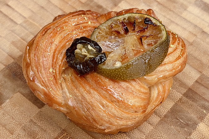 A hibiscus tequila knot, a significant pastry special at the newly opened Izola Bakery at Fault Line Park in East Village.