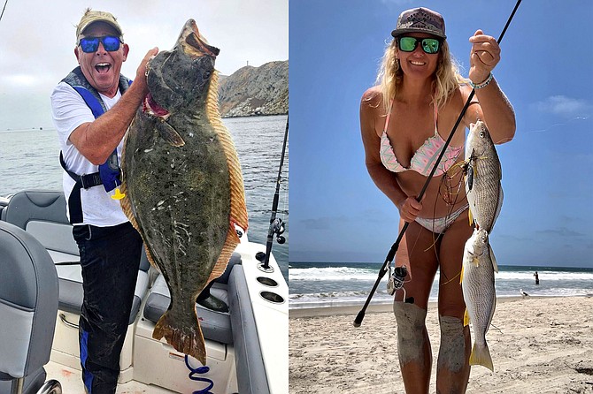 (left): Jim Casad with his hefty 60-pound halibut caught while fishing at the Coronado Islands.
(right): Local surf fishing guru Tracy Hartman with a double catch of yellowfin croaker.