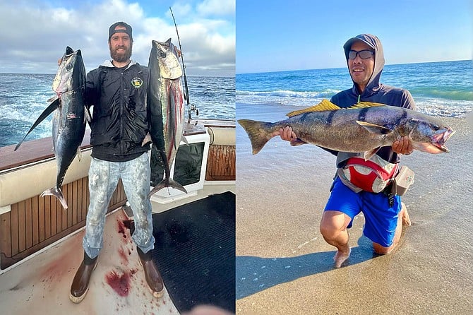 (left): Captain Dylan Gerson with two albacore caught while targeting bluefin tuna on an AJ Sportfishing charter.
(right): Angler Kevin Trieu with his impressive shore-based white seabass caught while tossing plastics.