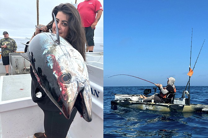 (left): Nice school-grade bluefin tuna caught by angler ‘Tess’ while fishing west of San Clemente Island aboard the Ocean Odyssey.
(right): Kei Vang being towed by a marlin off Dana Point, Ca. It was a long day and memory of a lifetime.