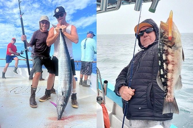 (left): Quality long range wahoo fishing down south at Alijos Rocks for anglers on the Red Rooster III
(right): Captain Juan Cook beating the heat while fishing the cool water trend with a nice average ‘slug’ San Martin Island calico bass