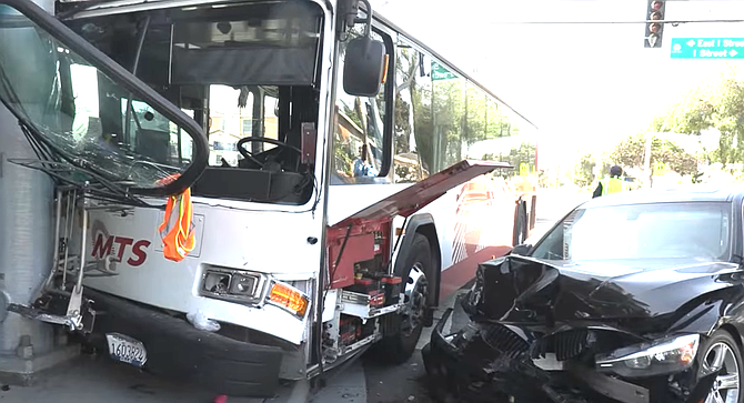 An MTS bus was traveling northbound on Hilltop Drive when it collided with a BMW attempting to make a left turn onto I Street.