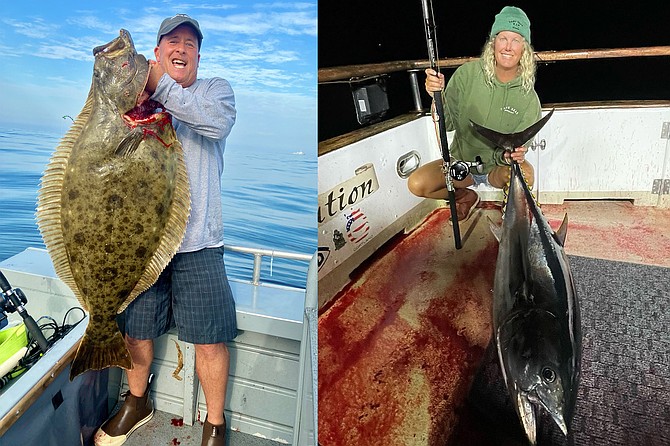 (left): Jim Kelley with his solid 37.2-pound California Halibut caught while drifting a squid on the bottom.
(right)Angler Tracy Hartman with a nice nighttime bluefin caught while fishing aboard the Constitution on the outer banks 100 miles west of Point Loma