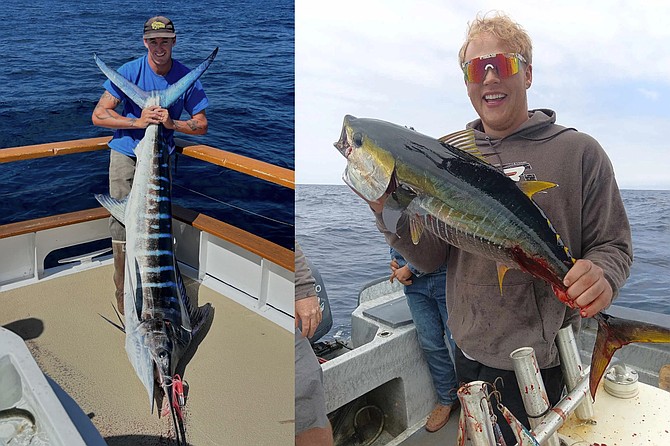 (left): Stoked angler with one of two striped marlin caught on two consecutive trips near the Coronado Islands while fishing aboard the Sea Watch running out of Seaforth Sportfishing.
(right): Football yellowfin tuna caught while fishing with Blackfin Sportfishing out of Ensenada made this angler’s day.