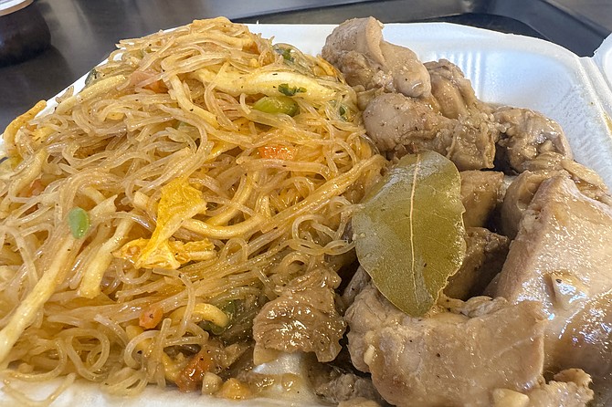 Chicken adobo with pancit noodles