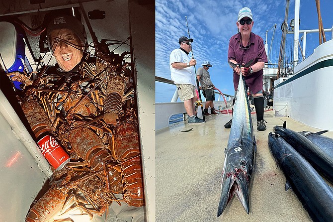 (left): Jim Kelly buried in double limits of large California Spiny Lobsters he an Ramon Ulloa caught in just two sets.
(right): The fantastic wahoo fishing this past week outside Bahia Magdelena is exampled by this nice ‘skinny’ caught from the Royal Polaris.