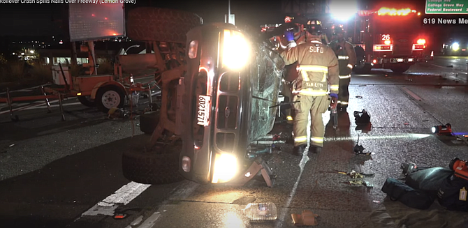A roofer’s truck that flipped on the 94 near the Massachusetts Avenue exit in Lemon Grove and spilled a load of nails.
