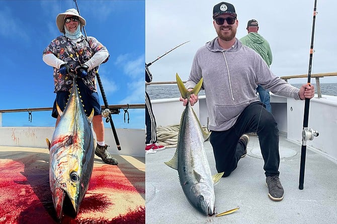 (left): A solid yellowfin tuna caught aboard the Royal Polaris long-range run off of southern Baja.
(right): Quality yellowtail fishing at the Coronado Islands for the full-day fleet, including this happy angler’s solid fish caught while fishing aboard the Malihini.