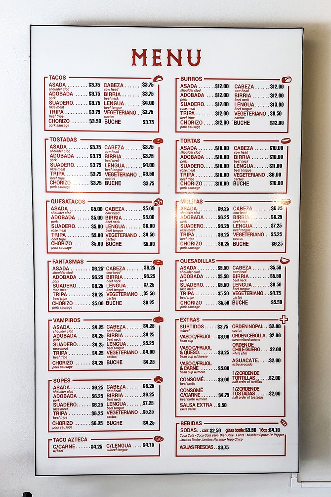 The menu at Taqueria Tijuanazo